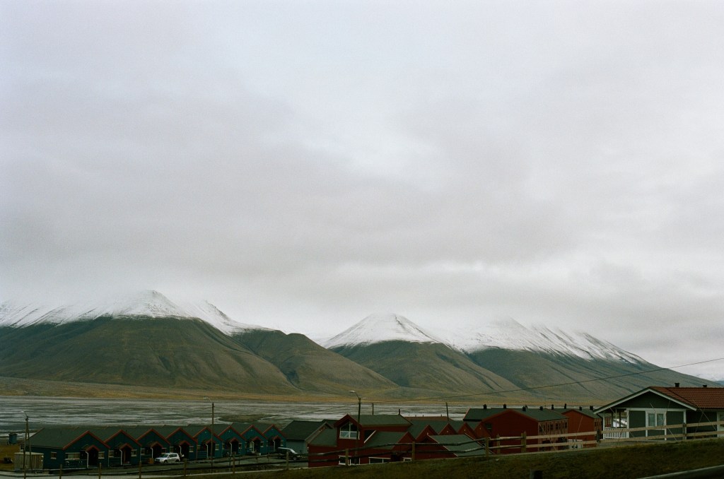 Snow capped mountains are seen across a marsh river bed and in the foreground red properties are seen.