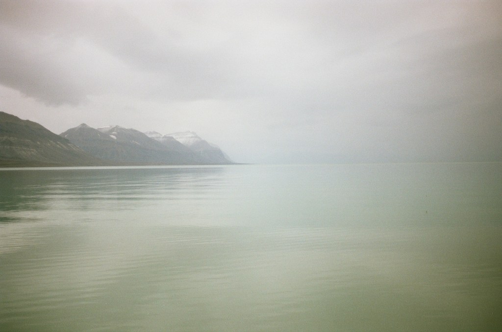 A misty scene of mountains. 