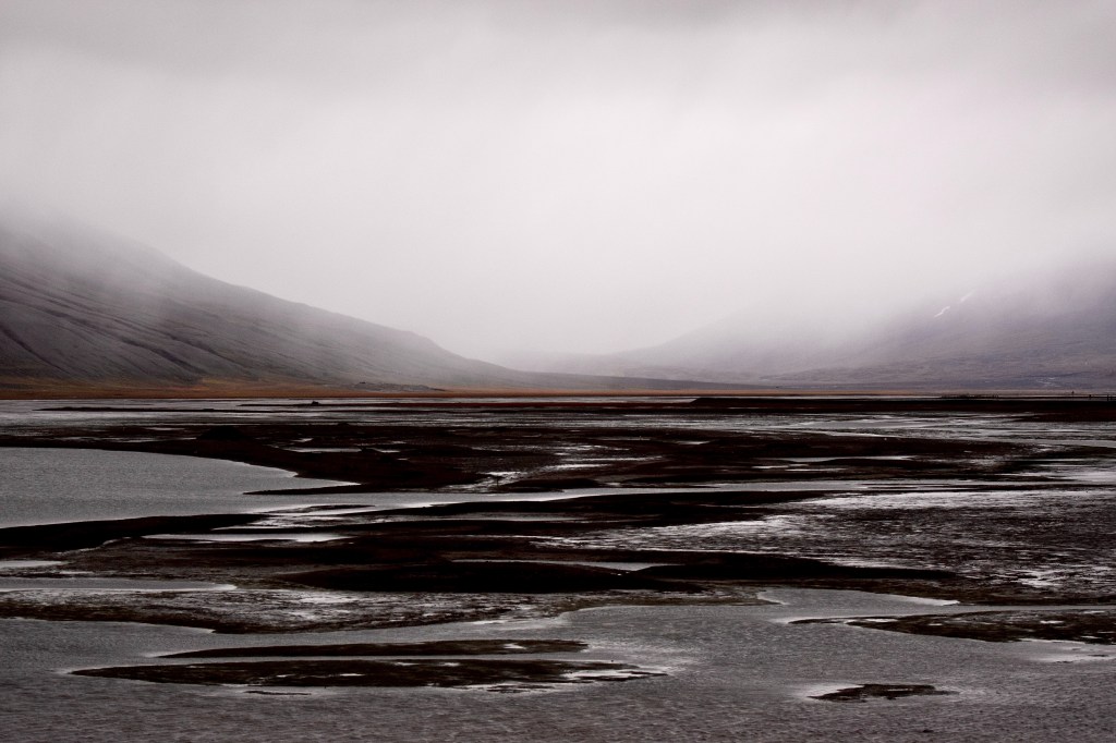 An overcast scene of marsh and water into a glacial valley. 