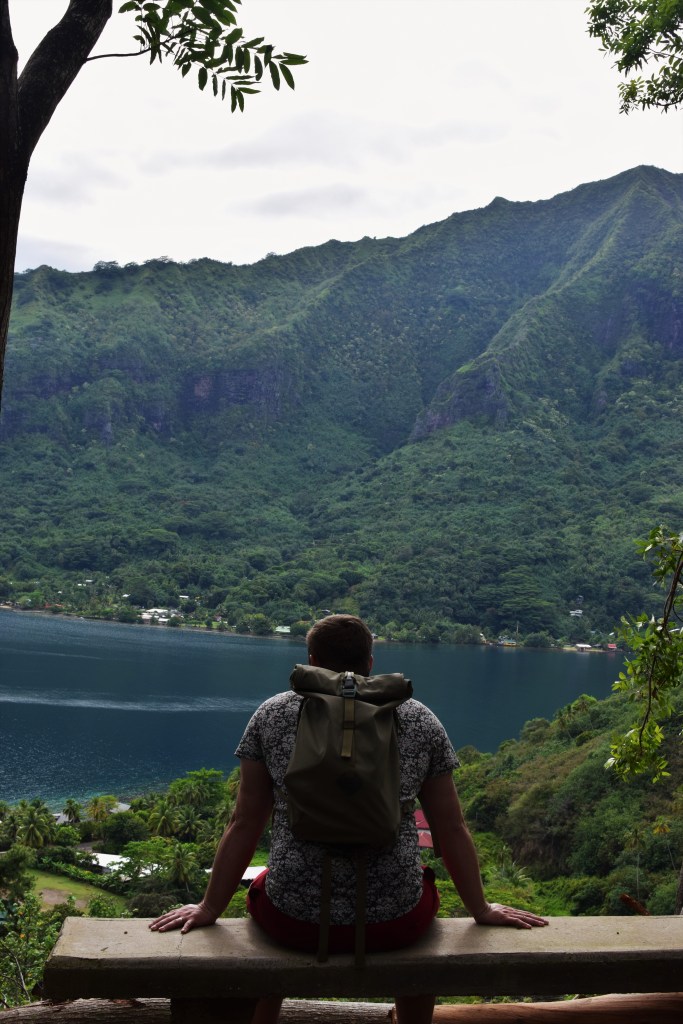 A man sits on a bench looking out towards a green mountain and blue bay. 