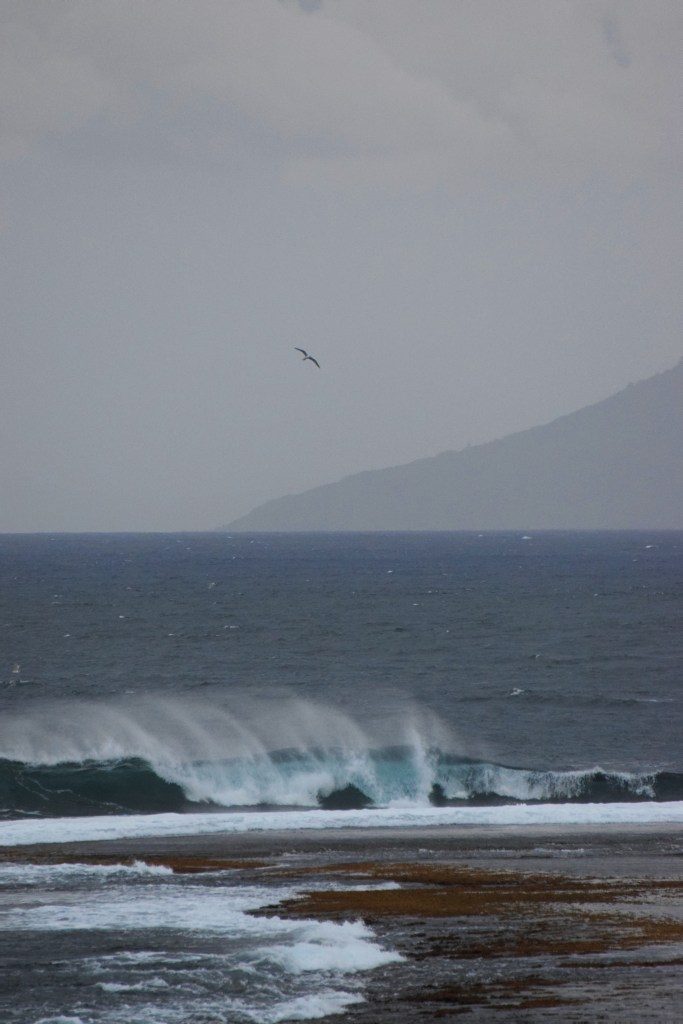Water sprays off blue waves, the haze partially hides the outline of the Tahitian coast in the distance. 
