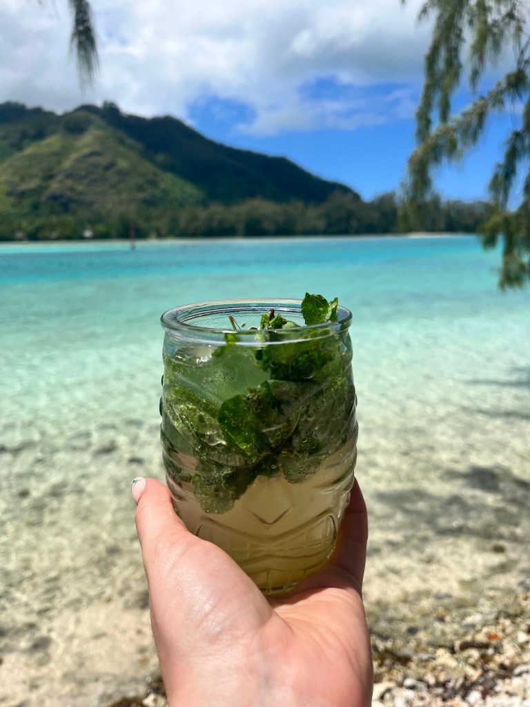A tiki glass with a pale green drink and mint leaves is pixctured in front of a blue sea and  island. 
