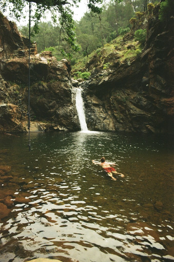 A man swims in a natural pool facing towards a waterfall.