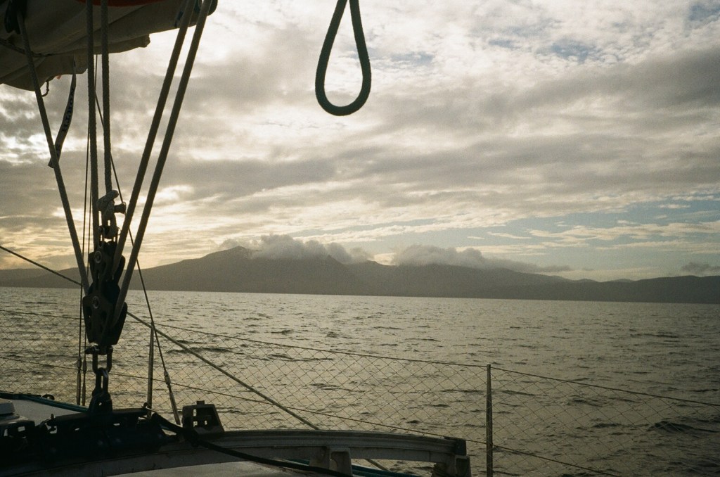 The rigging is in the foreground and Arran is in the clouds in the background. 