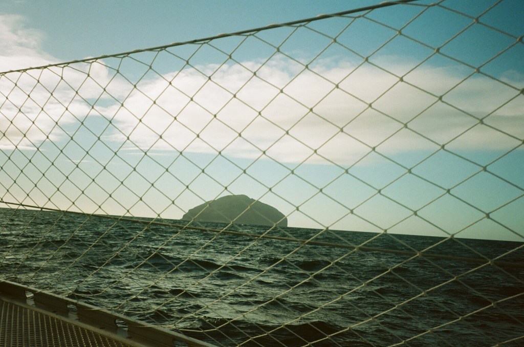 The foreground shows safety netting and in the background is Ailsa Craig a small island with water all around. 